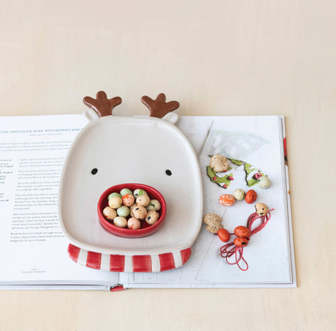 Reindeer Shaped Platter w/ Dish, Stoneware, Set of 2 (Each One Will Vary)