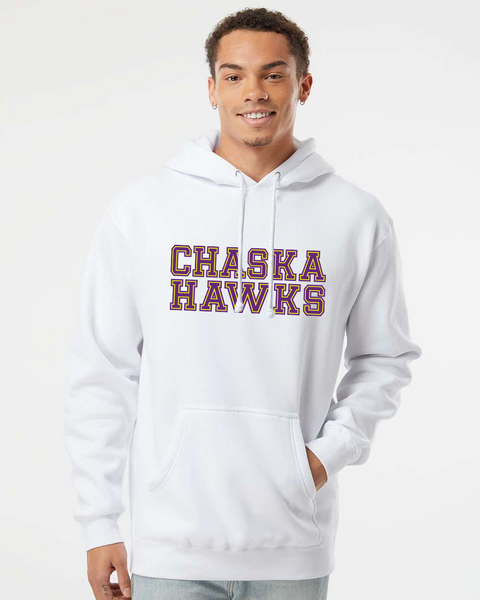 Chaska Hawks Unisex Hoodie, Varsity Yellow & Purple Design