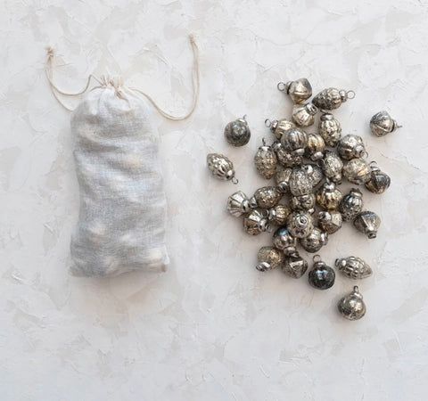 1"H Embossed Mercury Glass Ornaments in Muslin Bag, Set of 36
