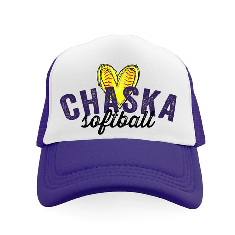 Chaska Softball Trucker Hat, Purple & White with Softball Heart