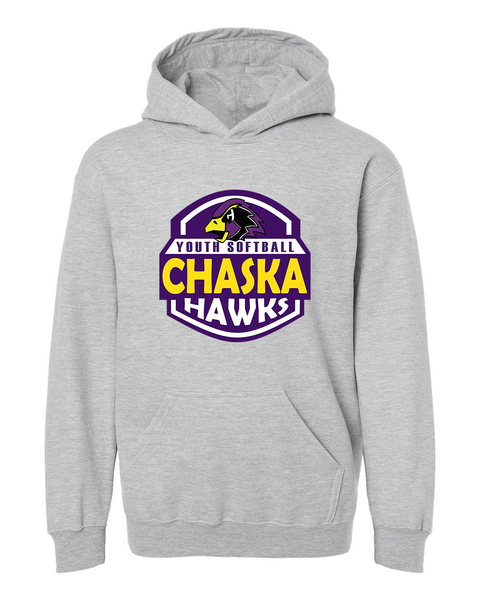 Chaska Hawks Youth Softball Badge Logo - Youth Heavyweight Hoodie, Grey or Purple