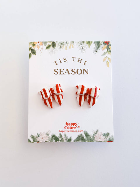 Christmas Studs - Red & White Striped Bow Holiday Earrings
