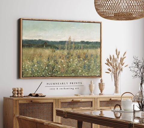 Wildflower Field Landscape Painting Framed Canvas Art 1