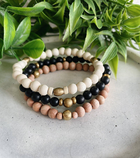 Minimalist Wood + Brass  beaded bracelets - 6MM