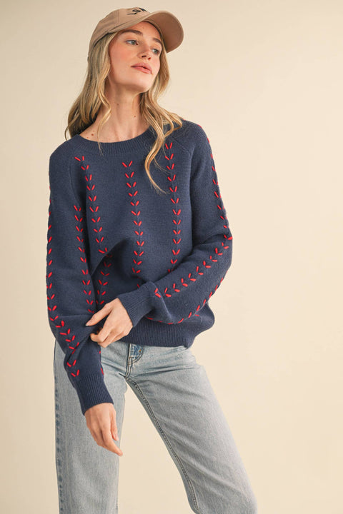 EMBROIDERED LONG SLEEVE PULLOVER SWEATER
