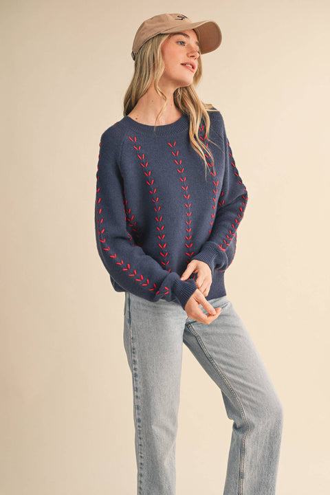EMBROIDERED LONG SLEEVE PULLOVER SWEATER