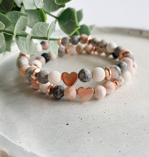 Heart + Pink Zebra Jasper + lava stone beaded bracelet