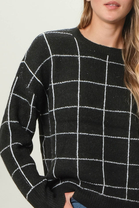 Grid Print Relaxed Fit Sweater, Black