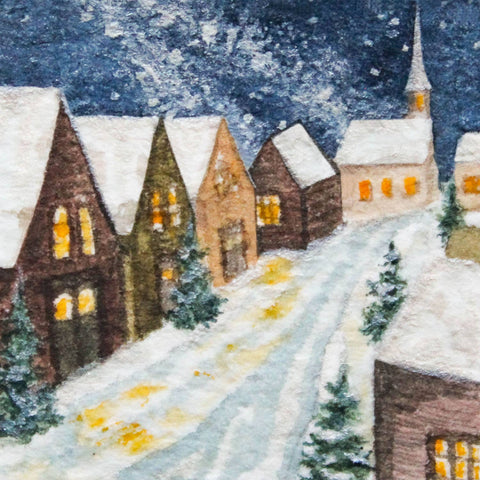 Mini 1" Snowy Village Night Watercolor Print