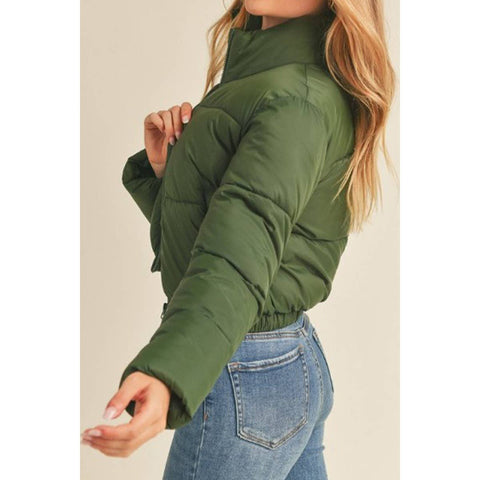 Olive Nylon High Neck Zip Up Faux Down Puffer Jacket