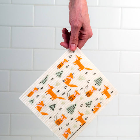 Foxes with Trees Swedish Dishcloth