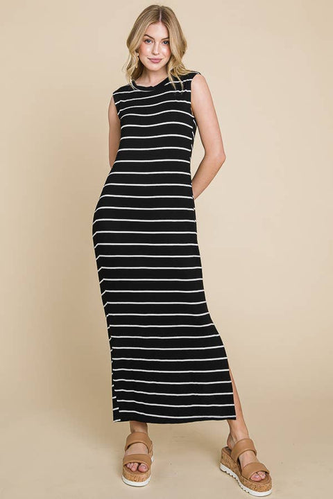 Striped Maxi Dress with Side Slit in Black & Ivory