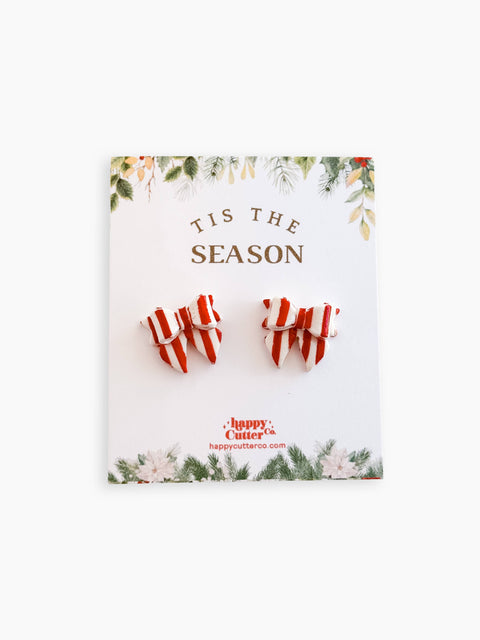 Christmas Studs - Red & White Striped Bow Holiday Earrings