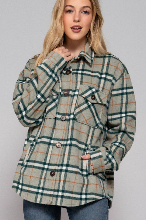 Long Sleeve Wool Blend Plaid Button Down Casual Jacket