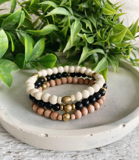 Minimalist Wood + Brass  beaded bracelets - 6MM