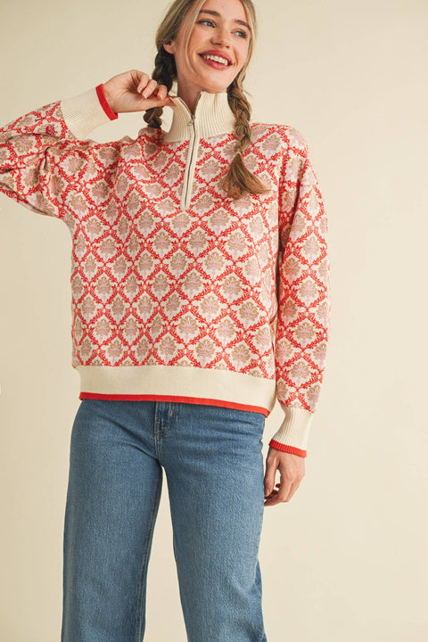 FLORAL MOCK NECK HALF ZIP PULLOVER