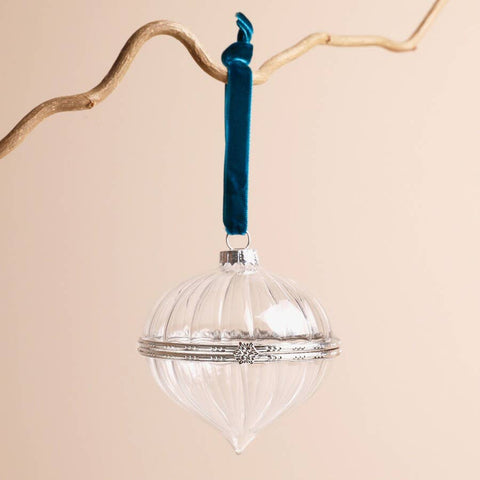 Ribbed Glass Secret Opening Bauble with Navy Ribbon