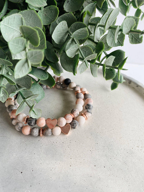 Heart + Pink Zebra Jasper + lava stone beaded bracelet