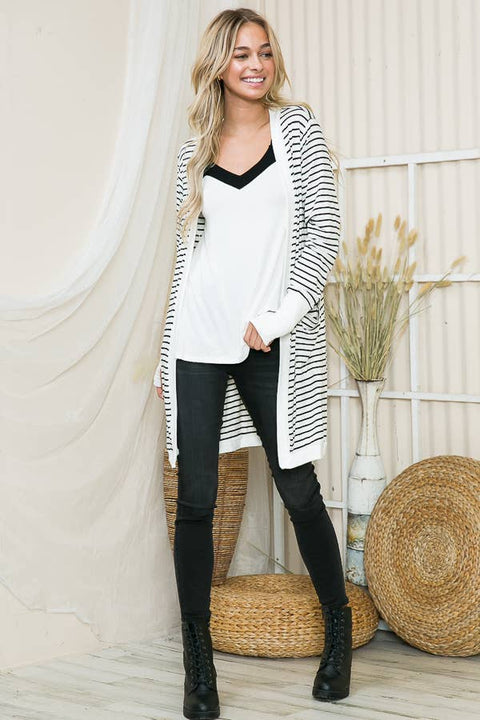 Harper Cozy White/Black Stripe Cardigan with Thumb Hole