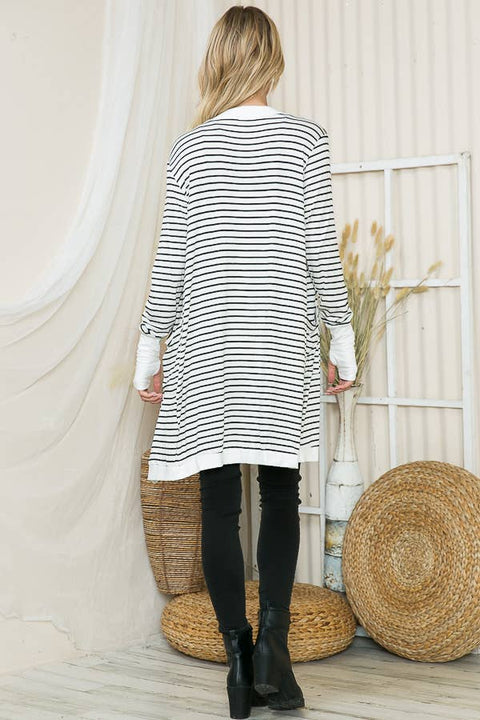 Harper Cozy White/Black Stripe Cardigan with Thumb Hole