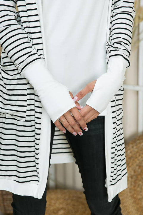 Harper Cozy White/Black Stripe Cardigan with Thumb Hole