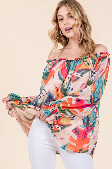 Millie Modern Abstract Tropical Long Sleeve Blouse