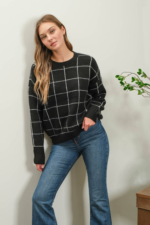 Grid Print Relaxed Fit Sweater, Black