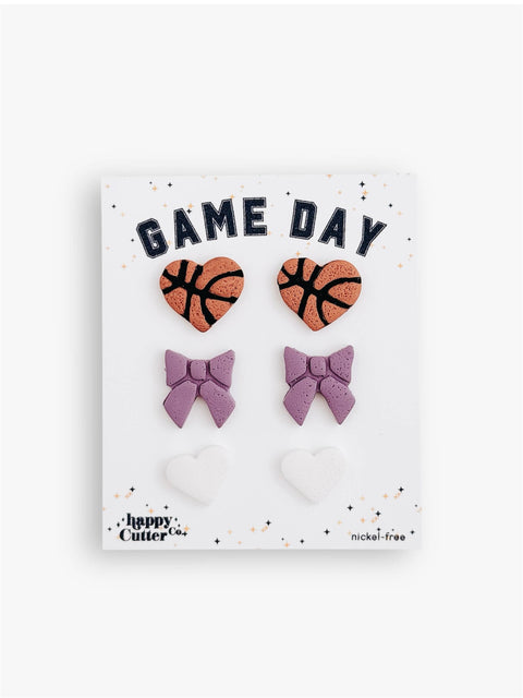 Custom Color Basketball Heart, Bow & Heart Stud Earring Pack