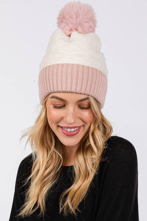 Two Tone Fleeced Pom Pom Beanie