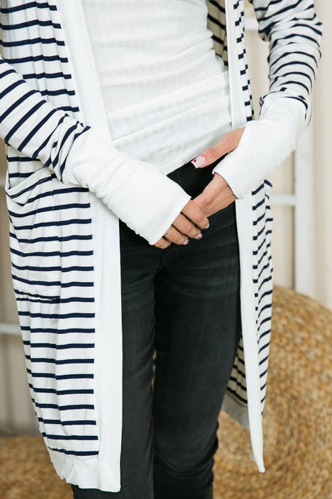 Harper Cozy White/Black Stripe Cardigan with Thumb Hole