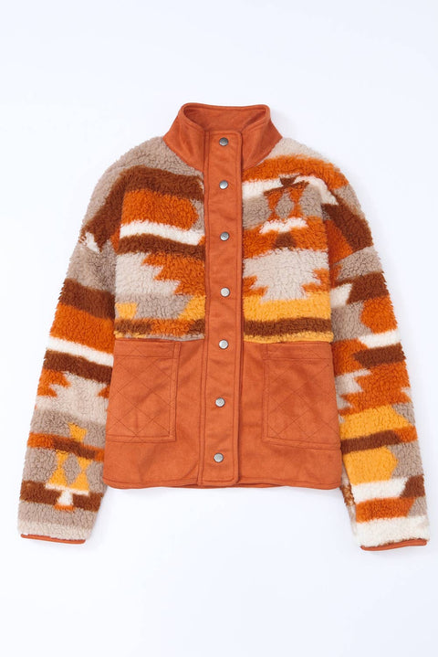 Quilted Patch Pockets Striped Sherpa Jacket