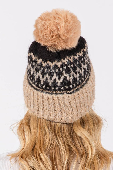 Nordic Pattern Knit Pom Pom Beanie