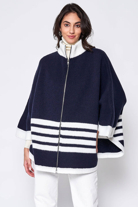 Sporty Bordered Zip Up Knit Sweater