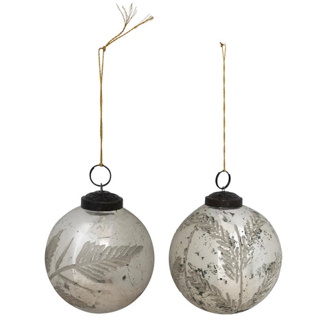 Mercury Glass Ball Ornament w/ Etched Botanical, Distressed Silver Finish - 4"