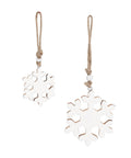 Enameled Mango Wood Snowflake Ornaments w/ Wood Beads, White, Set of 2