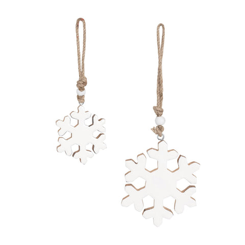 Enameled Mango Wood Snowflake Ornaments w/ Wood Beads, White, Set of 2
