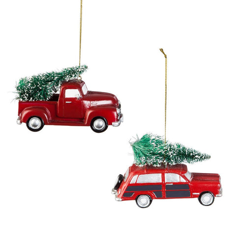 Red Polystone Truck and Station Wagon Ornament