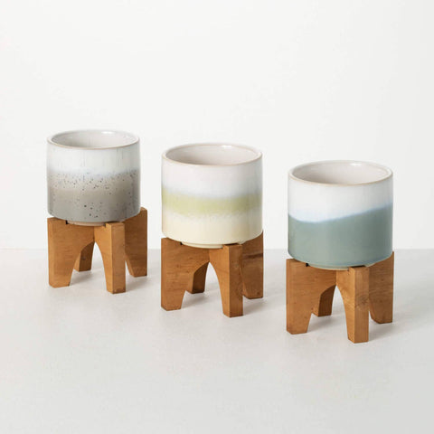 Mini Pots on Wood Stands, Serene Coastal-Inspired Finishes, 6" Tall