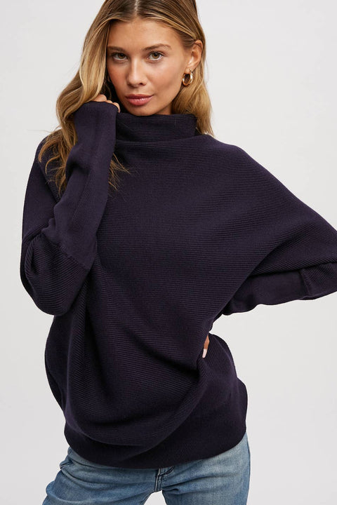 Slouch Neck Dolman Pullover Sweater: Navy