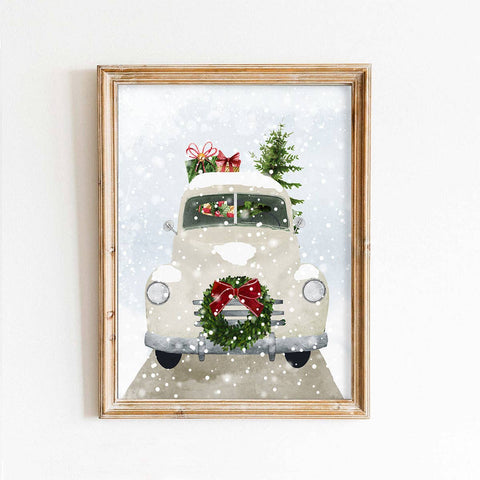 White Snowy Truck Christmas Art Print: 8x10