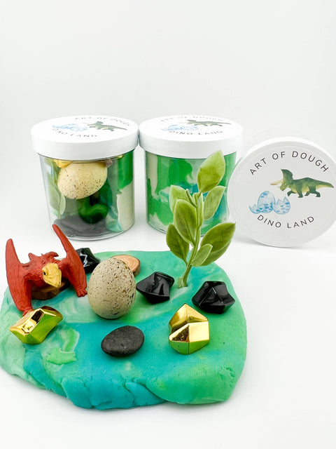 Dinosaur Land Sensory Jar: Homemade Sensory Dough (Swirl) / Sensory Sand (Green - Unscented)