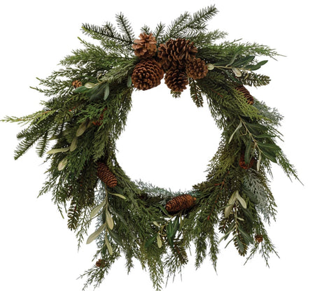 27" Round Faux Mixed Pine Wreath with Pinecones, Eucalyptus and Olive Leaf