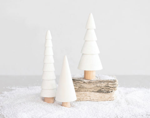 White Flocked Wood Trees with Glitter - 3 Styles