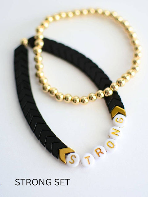 STRONG word bead black and gold inspirational bracelet set