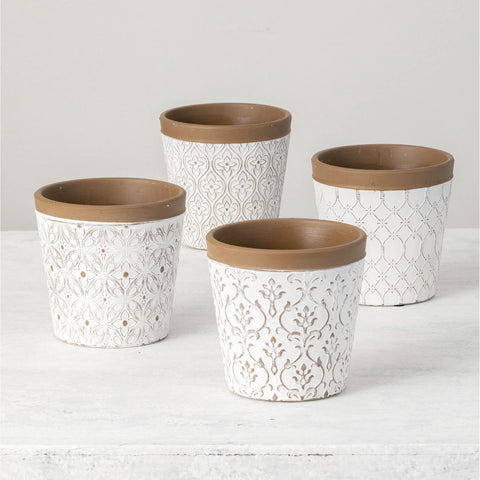 Relief Pattern Ceramic Flower Pot with Terracotta Base - 4.25"