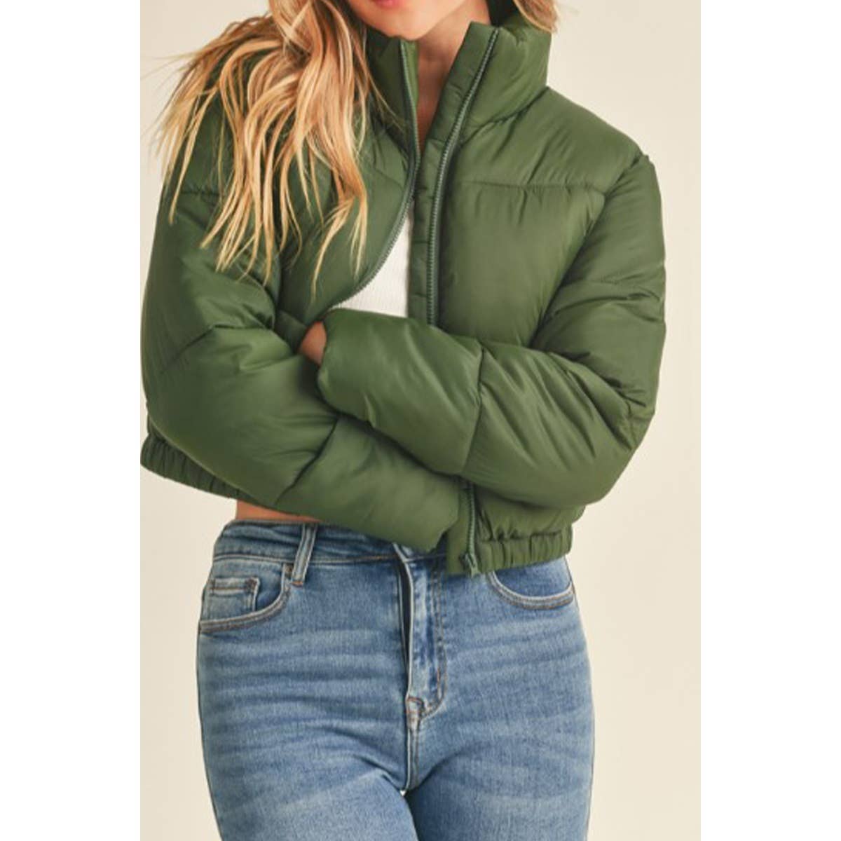 Olive Nylon High Neck Zip Up Faux Down Puffer Jacket