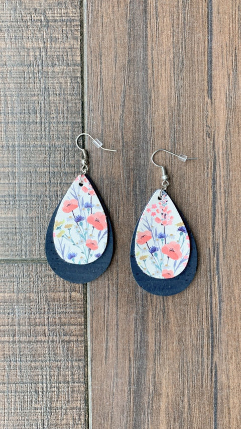 Floral & Navy Layered Vegan Leather Earrings